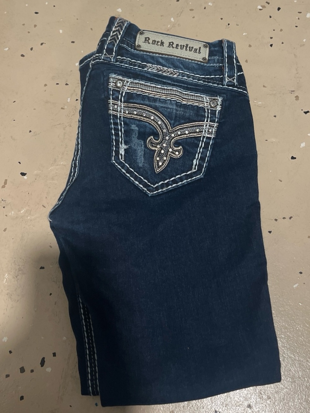 Rock Revival Dark Blue Bootcut Jeans with Embellished Pockets